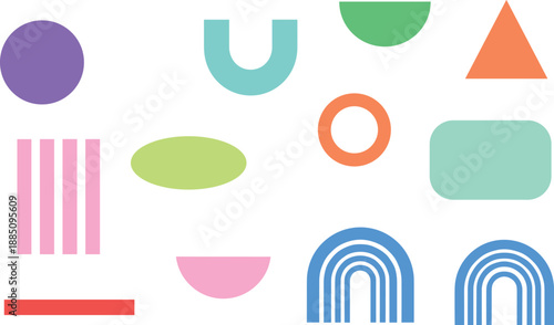 Abstract geometric shape collection with colorful circles arcs rectangles and lines for modern design backgrounds, branding, posters, and creative flat vector elements