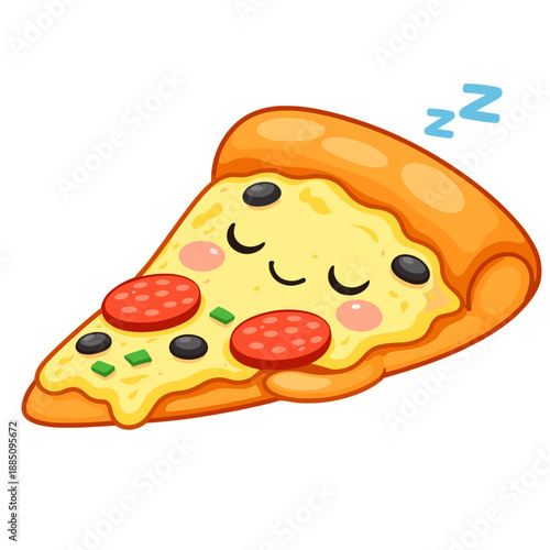 Cute Sleeping Pizza Slice with Pepperoni and Olives, Cartoon Style. Generated image