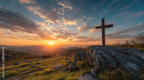 Sunset sunrise mountain cross horizon sky clouds golden light peaceful sunrise mountain cross horizon clouds golden light peaceful worship wooden cross hill sunrise mountain landscape dramatic sky