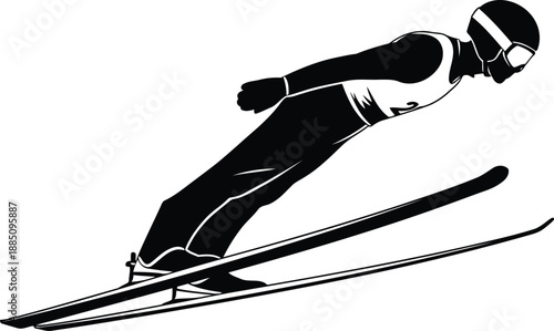 Dynamic silhouette of ski jumper in mid air captured during intense winter sport competition flight vector