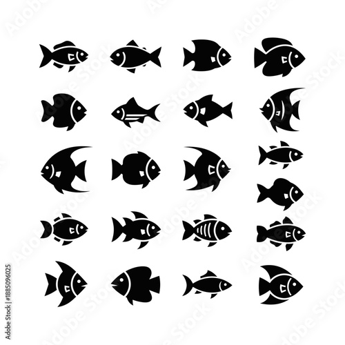 A comprehensive set of twenty black silhouette fish icons, illustrating a wide variety of marine and freshwater species designs.