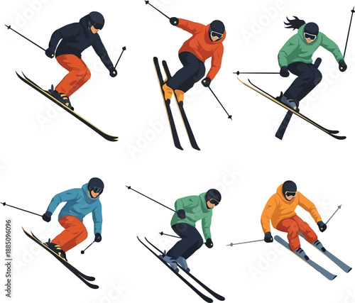 Dynamic skiers action collection diverse poses snow sports winter adventure extreme sport athletes lifestyle vector