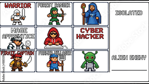 Collection of diverse pixel art character portraits featuring fantasy roles like warrior mage apprentice pirate captain and modern figures like a cyber hacker farmer.
