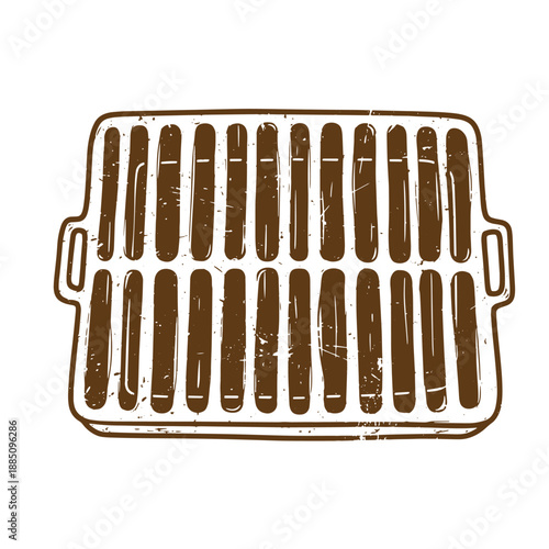 Drawing Vintage grunge  texture grill pan with handle cooking utensil kitchen tool brown color isolated on white background