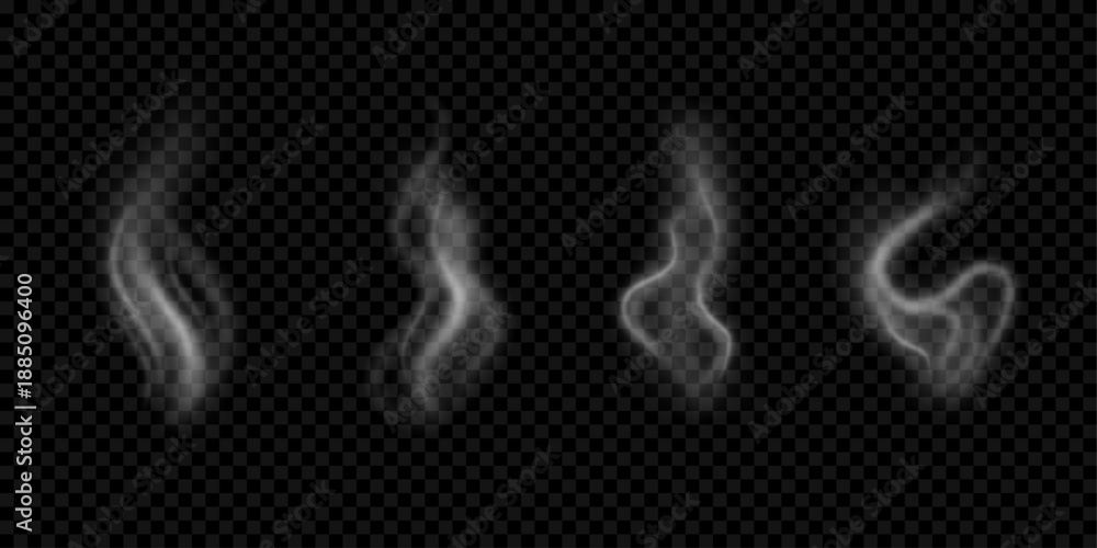 Fototapeta premium Steam from food vector set. Coffee smoke, hot tea effect. Cooking vapor with transparency