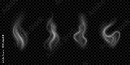 Steam from food vector set. Coffee smoke, hot tea effect. Cooking vapor with transparency