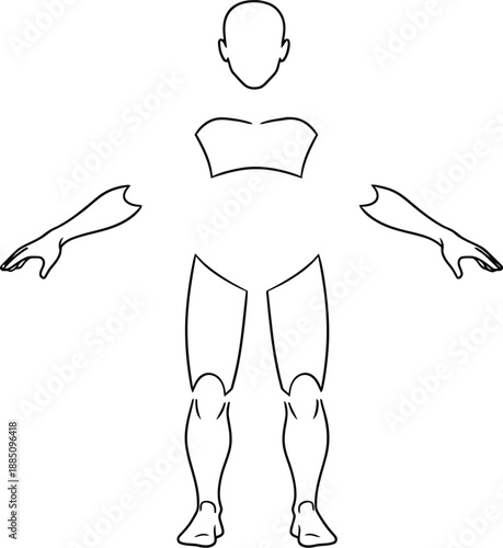 Simple line art template illustrating disassembled human body parts for drawing character anatomy references or assembly guides