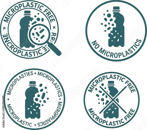 Microplastic free labels certified icons set bottle magnifying glass symbol vector