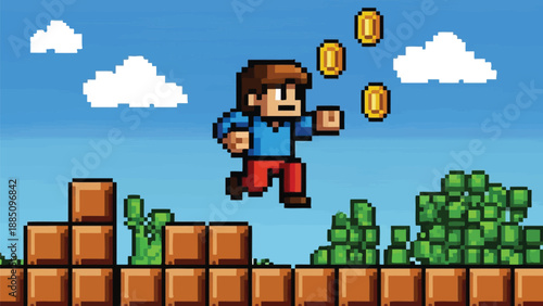 Pixelated retro platformer character with brown hair wearing a blue shirt and red pants jumps dynamically collecting floating gold coins above blocks