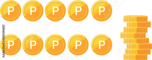 Gold coin icon set with stacked and single coins for finance, cryptocurrency, savings, payment, investment concepts, and modern flat vector illustrations