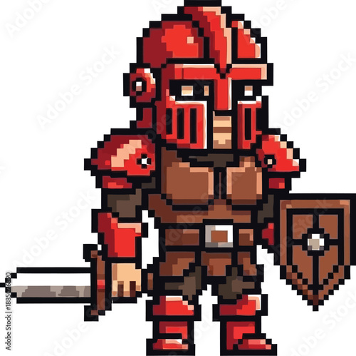 Pixelated fantasy knight character illustration wearing red and brown armor holding a sword and a wooden shield ready for battle adventures