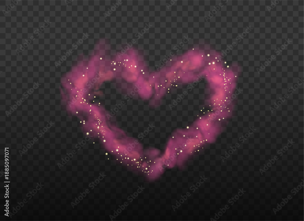 Fototapeta premium Pink heart smoke frame with gold glitter. Cloud valentines day background with transparency. Vector steam illustration, love concept