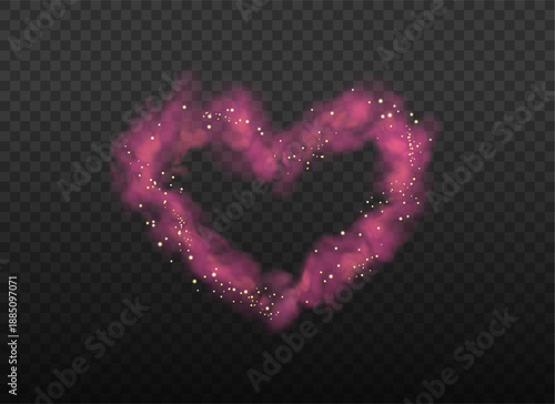 Pink heart smoke frame with gold glitter. Cloud valentines day background with transparency. Vector steam illustration, love concept