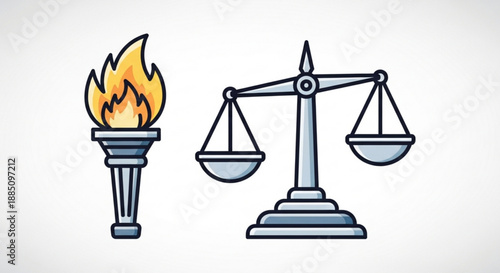 Justice and truth symbolized by a torch and balance scales on white background