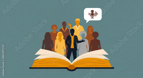 Diverse group of people standing on an open book with a speaker and microphone representing education and communication
