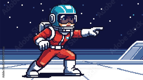 Pixel art astronaut in a vibrant red spacesuit stands confidently pointing into the dark starry expanse beyond a futuristic platform.