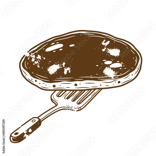 Drawing Vintage grunge  texture Illustration of a brown hamburger steak on a spatula with a handle  a tasty meal