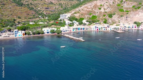 Beautiful Milos island in Greece. Fishermen houses by sea coast