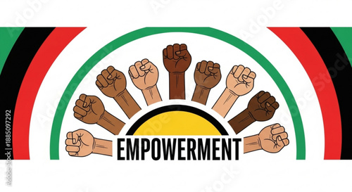 Diverse fists raised in unity and empowerment with colorful background