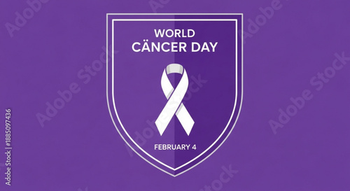 Purple shield with white ribbon for world cancer day on february 4 symbolizing awareness and support for cancer research and patients