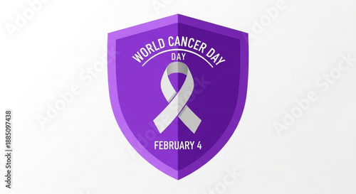 Purple shield with white ribbon for world cancer day on february 4 awareness symbol