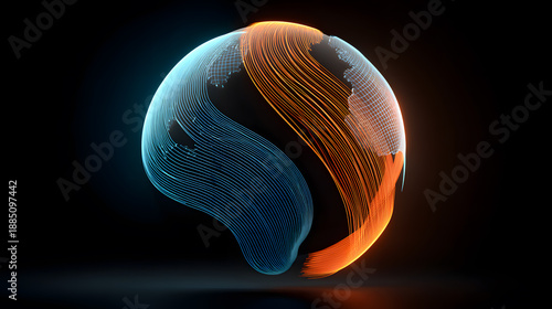 An abstract globe with colorful flowing lines, creating a visual representation of global interconnectedness. It evokes a sense of movement, energy, and the fusion of different elements