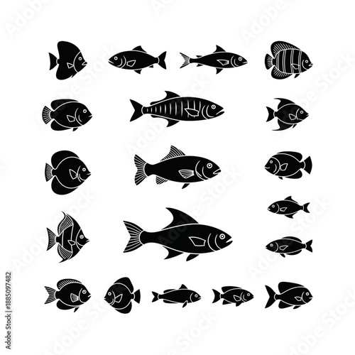 A diverse collection of eighteen black fish silhouettes showcasing various aquatic species and marine life forms.