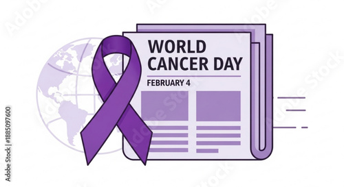 World cancer day awareness graphic with purple ribbon and newspaper on february 4th symbolizing global health campaign