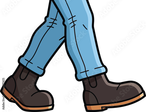 Close up cartoon illustration of a person wearing durable brown work boots and light blue denim jeans walking forward against a clean white background.
