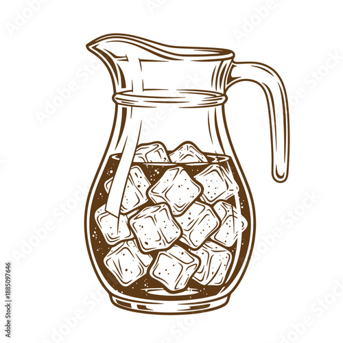 Drawing Vintage grunge  texture illustration of a glass pitcher filled with ice cubes and a liquid  isolated on white background