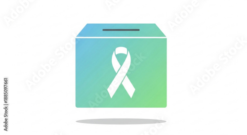 Donation box with white awareness ribbon on gradient green and blue background for charity fundraising concept