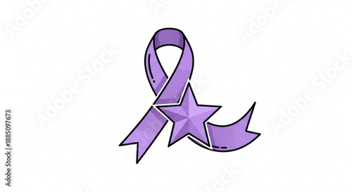 Purple awareness ribbon with star symbol on white background for support and cause