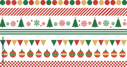 Festive Christmas decorative border collection with ornaments, trees, snowflakes, stripes, and geometric patterns for holiday design and winter vector backgrounds