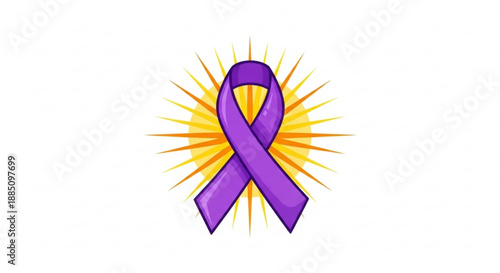 Purple awareness ribbon with yellow sunburst on white background symbolizing hope and support for social causes