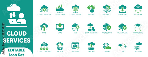 Cloud Services Solid Icon Set – Cloud Computing, Storage, Hosting, Sync, Data Transfer, Server, Network, SaaS And Digital Icons