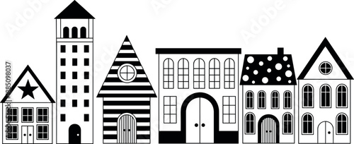 Black and white whimsical houses illustration with geometric shapes and patterns, minimalist Scandinavian village clipart for kids decor and design