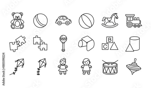 Black and White Children Toys Icon Collection in Simple Line Vector Style