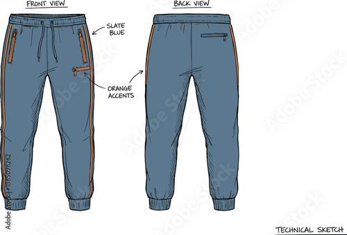 Jogger pants front and back view, slate blue with orange accents and zip pockets, fashion sketch, flat vector illustration