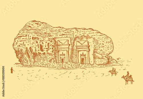A vintage historical drawing concept of a tomb mountain in Madain Saleh at Al Ula, Saudi Arabia where tombs are carved on desert mountain. Editable Clip Art.
