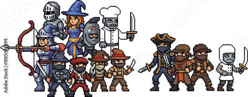 A diverse collection of pixel art fantasy game characters featuring knights archers wizards pirates ninjas and unique robot classes ready for battle