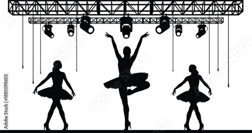 Ballet dancer silhouette, stage performance, elegant pose, spotlight rig, theatrical scene, graceful movement, dance art, black and white illustration