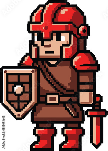 Pixel art warrior character sprite wearing red armor holding a shield and standing ready with a sword for retro adventure games