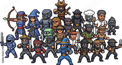 Collection of diverse pixel art video game characters including medieval warriors ninjas archers pirates and fantasy adventurers ready for battle