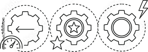Gear process icons sequence with arrow, speed gauge, star rating, and lightning energy symbols connected in dashed circular workflow outline vector style