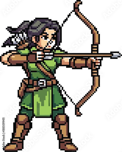 Pixel art female archer character in green tunic drawing back a wooden bow and arrow aiming with focused intensity for fantasy games.