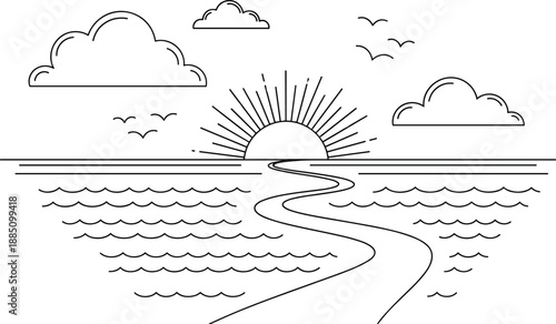 Minimalist ocean sunrise, line art landscape, sun rays, birds flying, peaceful waves, winding path, clouds, horizon view, nature scene