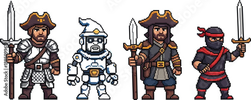 Collection of four distinct pixel art fantasy video game characters including two pirates a robot and a ninja standing together
