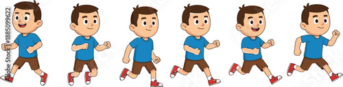 Cartoon boy demonstrating sequential phases of the running movement cycle in a sequence illustration for physical education concepts.