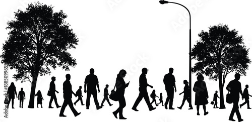 Urban park silhouette, people walking outdoors, family scene, children, trees, streetlamp, public space, mobile phone, everyday life, black and white