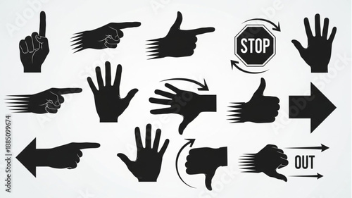 Collection of Hand Gestures and Directional Arrows Silhouettes.
